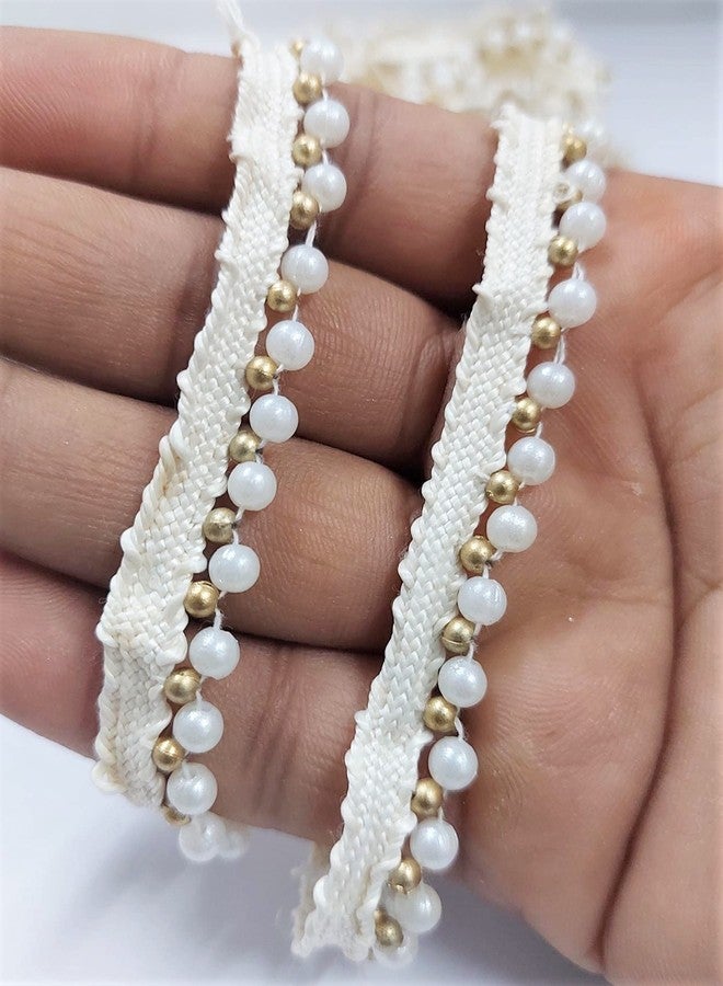 Mezin Off White Gold Moti Lace Border for Dress, Kurtis, Dupatta, Bag, Craft and Decorations (8.5 Mtr)